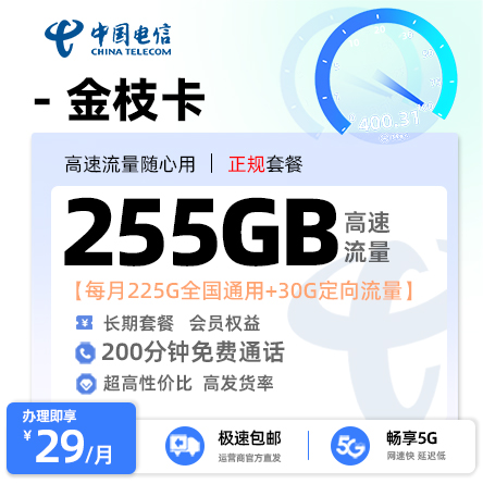 电信金枝卡29元/月享225G全国通用+30G定向流量+200分钟通话