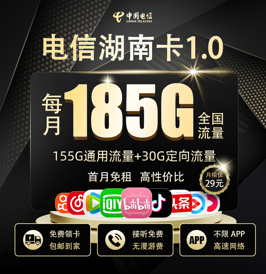 电信湖南卡1.0版29元/月享155G通用+30G定向+100分钟通话