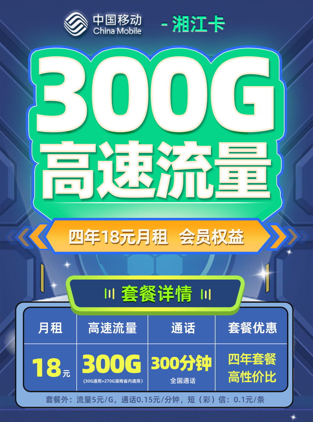 移动湘江卡18元月享30G全国通用+270G省内通用+300分钟通话  第1张