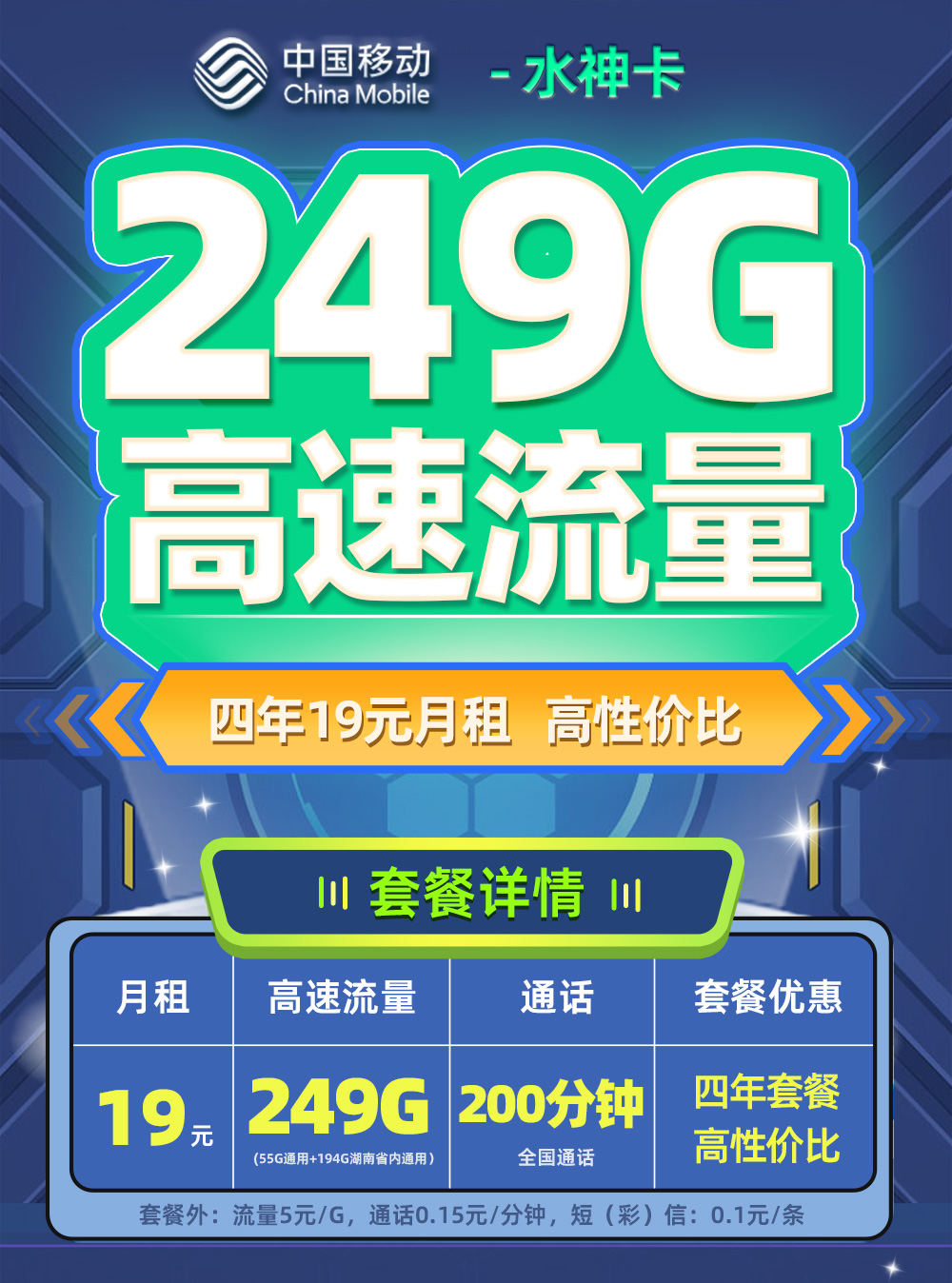 移动水神卡19元月享55G全国通用+194G省内通用+200分钟通话  第1张