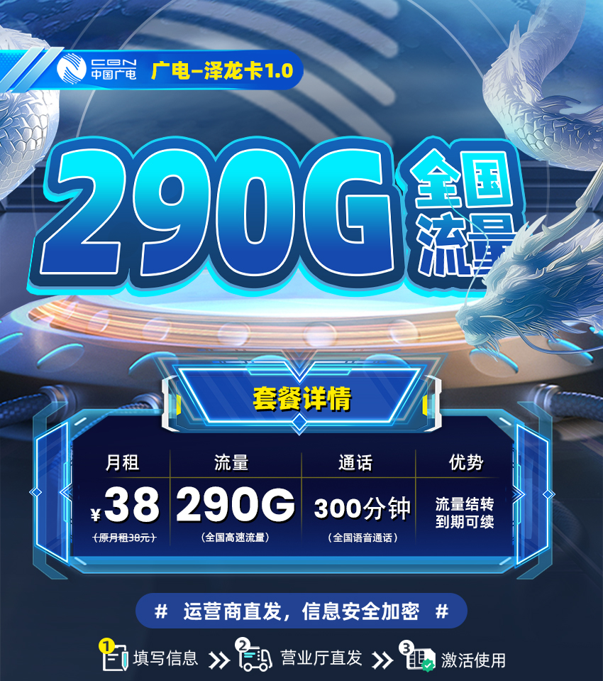 广电泽龙卡1.0  38元/月享290G全国流量+300分钟通话 第1张