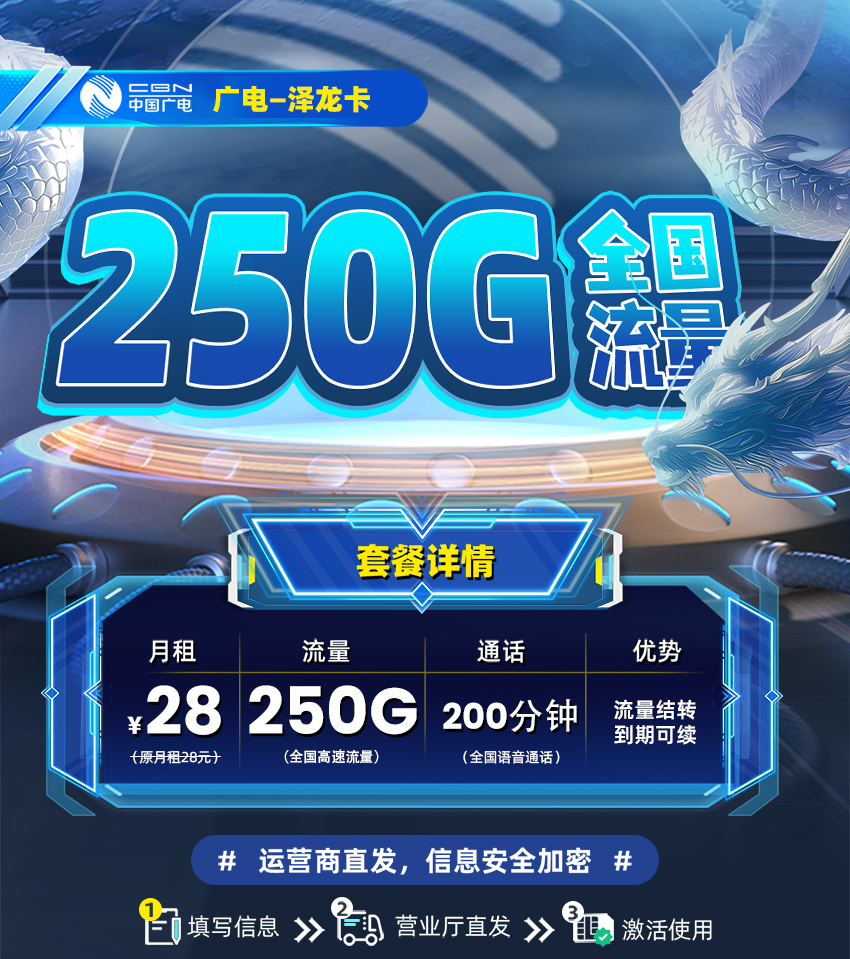 广电泽龙卡  28元/月享250G全国流量+200分钟通话 第1张