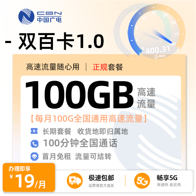 广电双百卡1.0（可选号）  19元/月享100G全国通用+100分钟通话（在线选号）