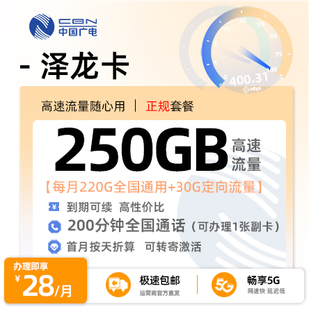 广电泽龙卡  28元/月享250G全国流量+200分钟通话