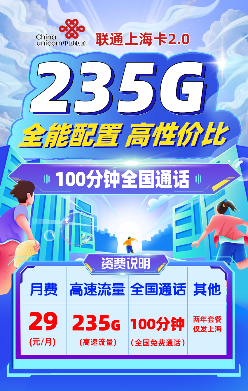 联通上海卡2.0【29元/月享215G通用+20G定向】  第1张