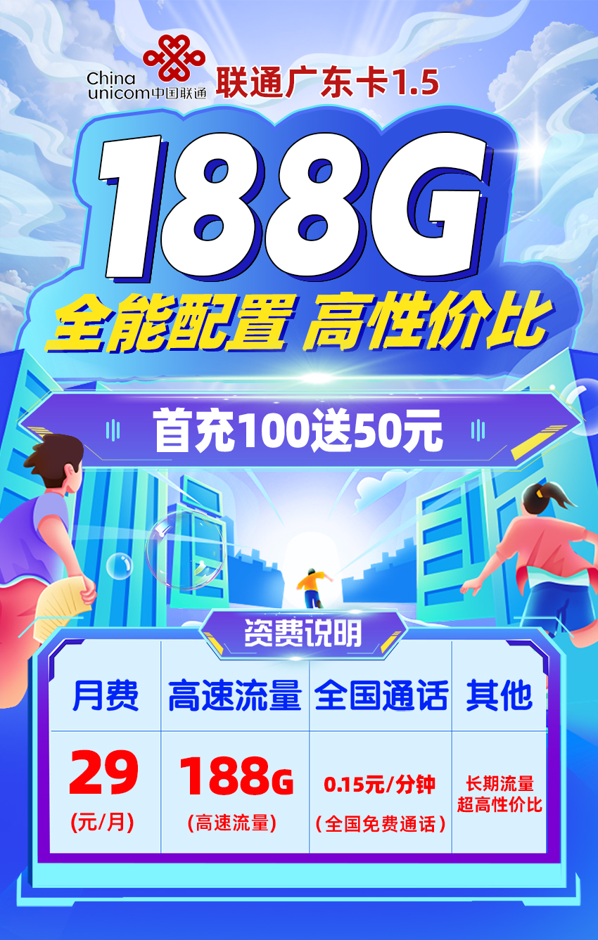 联通广东卡1.5【29元/月享188G流量+可选号】  第1张