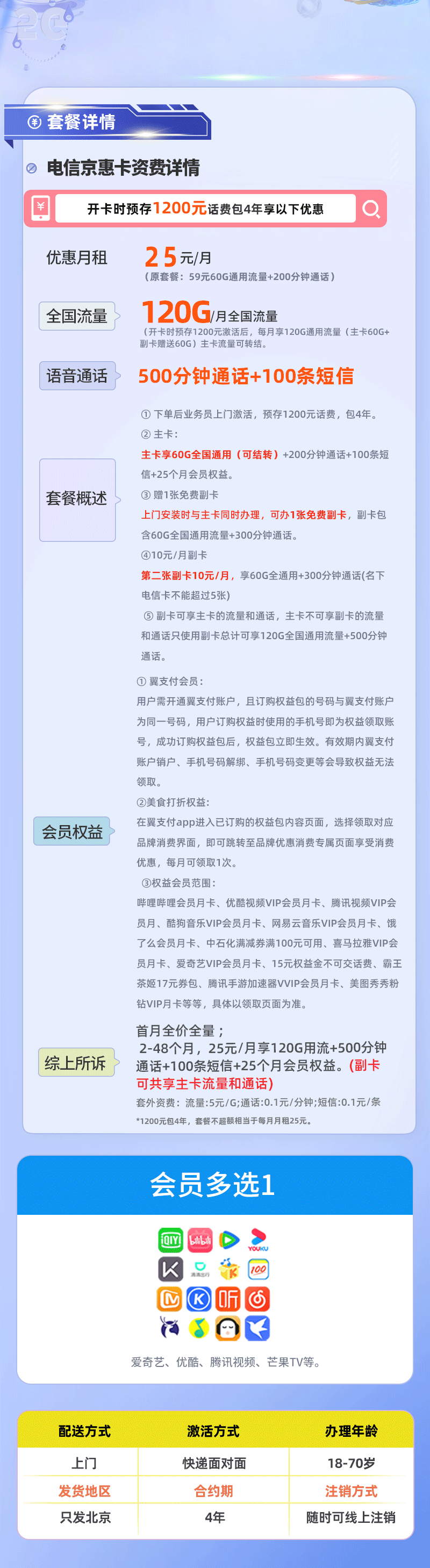 电信京惠卡【北京专属】25元/月享120G通用流量+500分钟通话  第2张