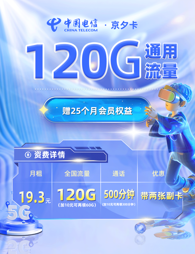 电信京夕卡【北京专属】19.3元/月享120G通用流量+500分钟通话  第1张