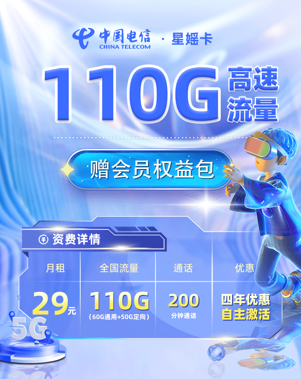 电信星媱卡29元/月享60G通用流量+50G定向流量+200分钟通话  第1张