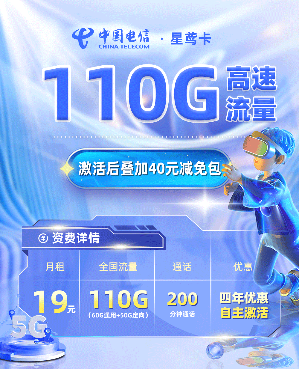 电信星鸢卡19元/月享60G通用流量+50G定向流量+200分钟通话  第1张