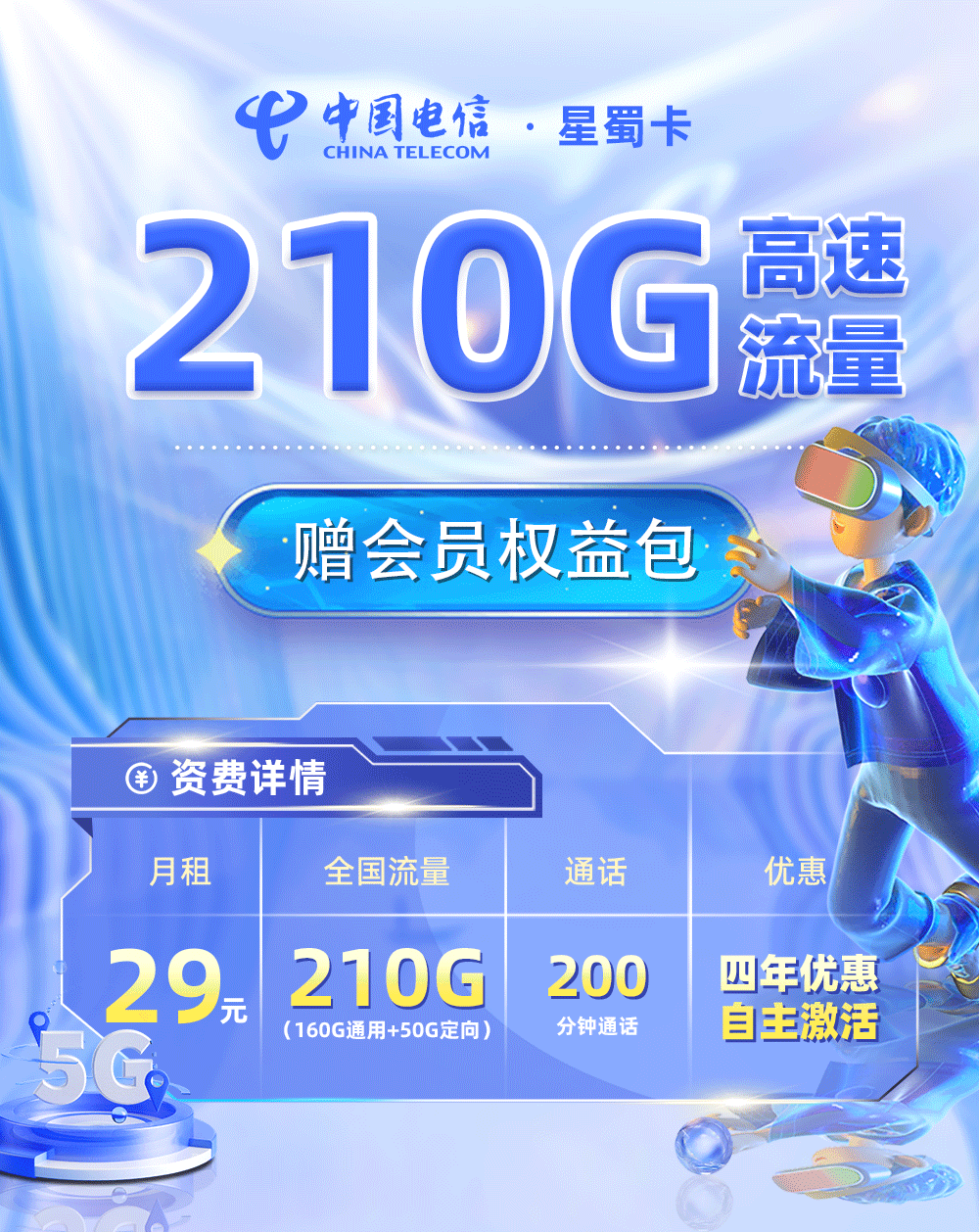 电信星蜀卡【四川专属】29元/月享160G通用流量+50G定向流量+200分钟通话  第1张