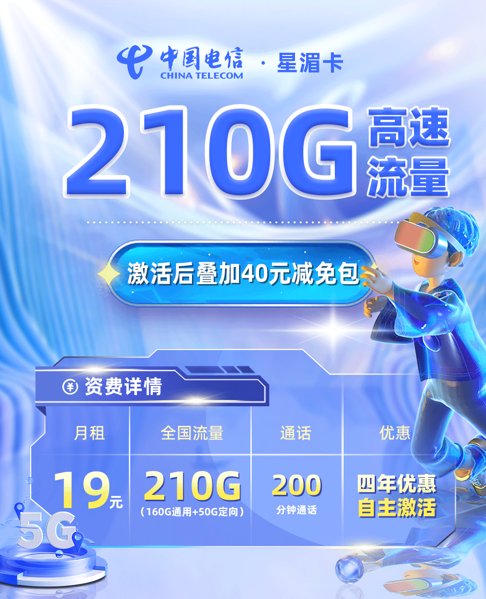电信星湄卡【四川专属】19元/月享160G通用流量+50G定向流量+200分钟通话  第1张