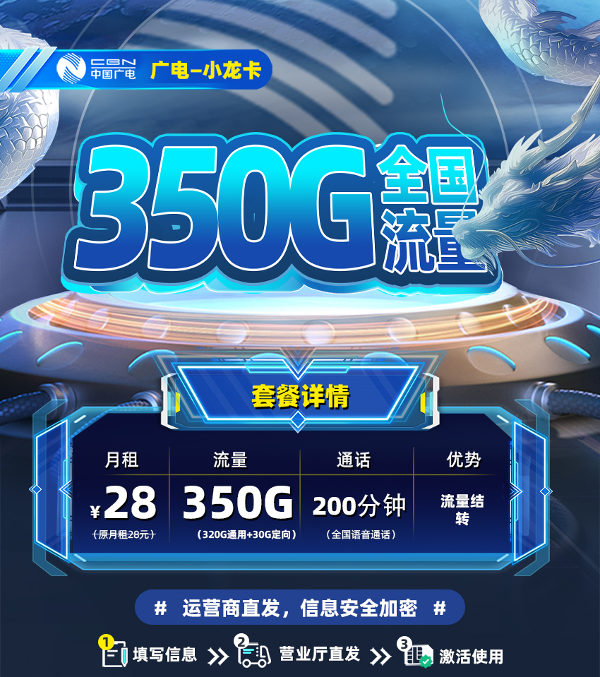 广电小龙卡28元/月享350G全国流量+200分钟通话  第1张